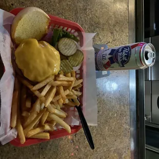 Cheeseburger and fries!! Perfect every time!!