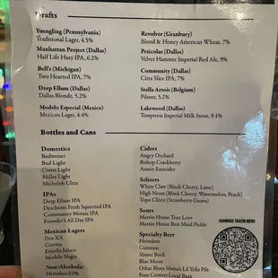 2025 Beer List menu