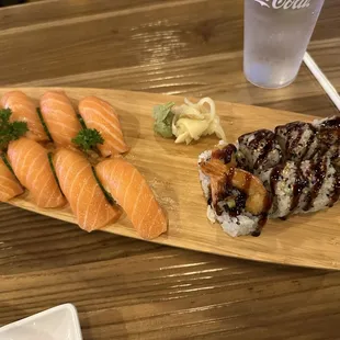 Salmon Sushi and Shrimp Tempura Shrimp Roll