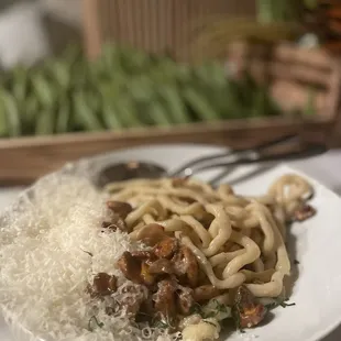 Even longer pici, with mushrooms &amp; parmesan