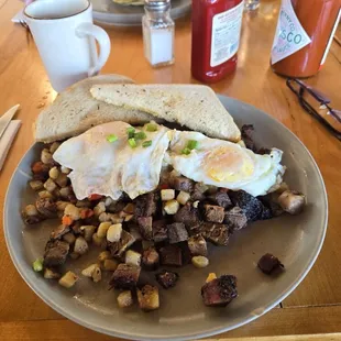 Smokin Hash w/ Brisket and Blueberry Pancakes in background.