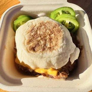 Smashed Breakfast Sando w/ Jalapeños on side