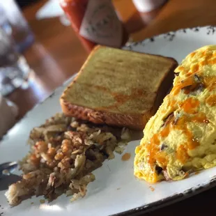 The Bridgeport Omelette with White Toast and Regular Idaho Potato Hashbrowns