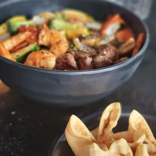 Shrimp &amp; Angus Steak Hibachi Combo, with noodles and it includes a veggie medley of zucchini, mushrooms, onions, etc