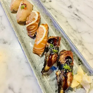 Albacore, soy marinated salmon, unagi