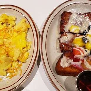 Bread pudding French toast and 2 soft scramble eggs