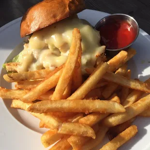 Buffalo chicken burger with fries
