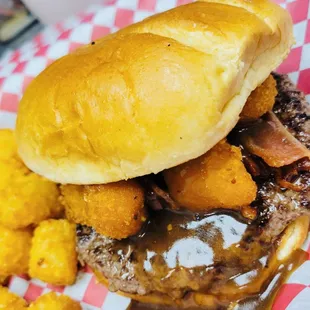 State Fair Burger! 1/3lb patty on a buttery bun, topped with bacon, cheese curds, and beef gravy!
