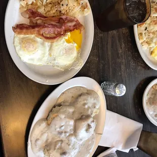 Eggs, bacon, potatoes with a side of biscuits. My Dad loved it!!