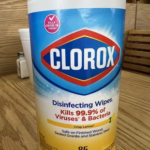 Clorox wipes on every table