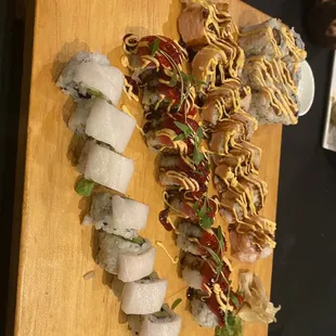 Great sushi rolls: cherry blossom, Mikomoto, and spicy tuna