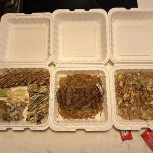 Sushi, steak yakisoba and chicken fried rice