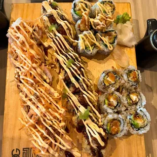 Sushi Rolls: Super Spider, Crunchy Spice Tuna, Crunch, Chicken Tempura