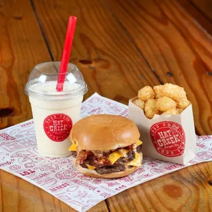 The Classic Burger, Tater Tots and Milkshake