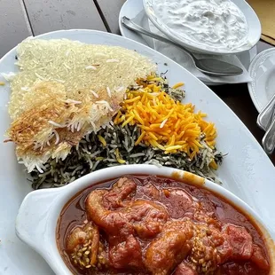 Khoreshte Bademjan with Baghali Polo and Tadig Mast O&apos;Mousir