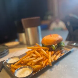 Steelhead burger with fries