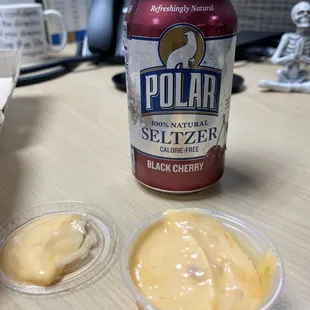 Seltzer and dipping sauce