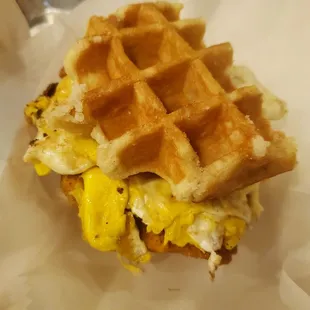 Fried chicken waffle sandwich + fried egg