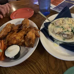 Wings and stuffed mushrooms.