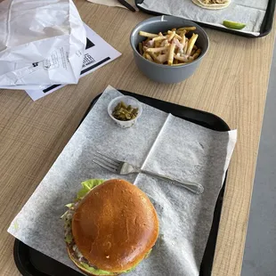 Green Chili Santa Fe Burger, Loaded Fries, and a Chicken Street Taco