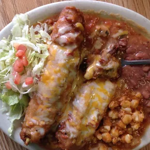Chile relleno, posole and beans.  Yum!