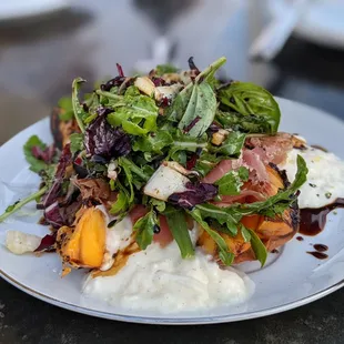 Grilled stone fruit, burrata, prosciutto salad yummy!