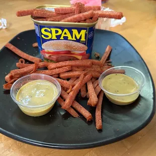 Spam Fries with honey mustard like sauce.