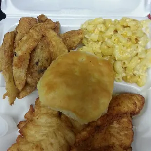 Chicken strips with the infamous "taters", mac n cheese and a biscuit.