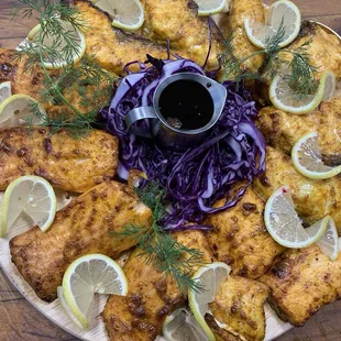 Fish plate with red cabbage