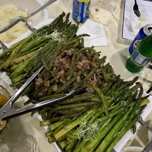 Asparagus platter with green beans and bacon