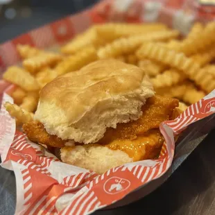 a chicken sandwich and french fries