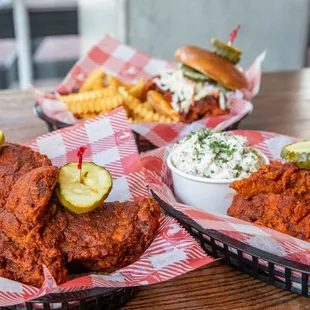 three baskets of fried chicken