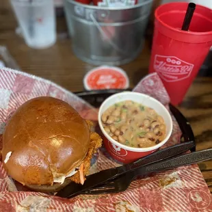 hot chicken sandwich &amp; Black Eyed Peas Salad