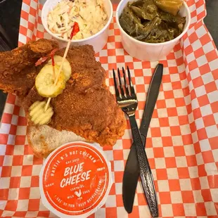 1/2 white &quot;Shut the Cluck up&quot; with slaw and greens  SO GD!