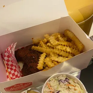 Damn Hot Chicken with fries and coleslaw