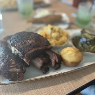 Chicken, ribs , mac n  cheese and greens