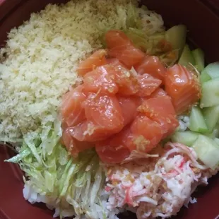BYO bowl with salmon and crab salad- was fresh and delicious