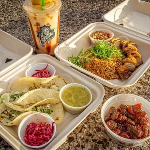 (Left) Fish Tacos w/ Beet Slaw &amp; Pineapple Salsa 
 (Right) Lechon w/ Birria Fried Rice &amp; Pico De Gallo
 (Candy) Strawberry Yuzu Lemon Peel