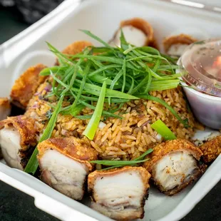 Crispy Lechon w/ Birria Fried Rice &amp; Pico De Gallo