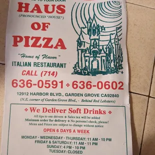 a menu for a pizza restaurant