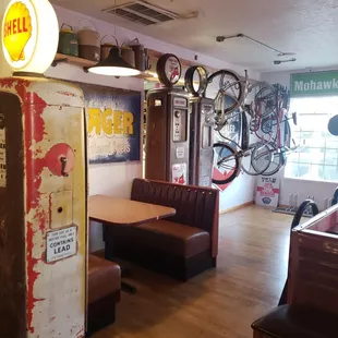 an old gas pump in a restaurant