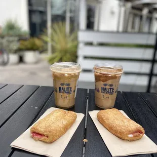 Butterscotch cold brew, Creamy Biscoff cold brew, strawberry &amp; cream cheese danish