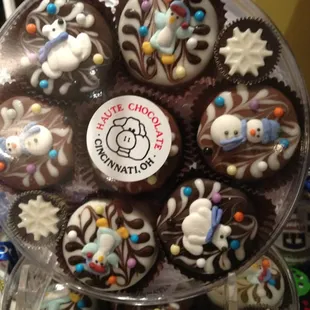 Handmade chocolates with snowmen