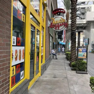 the entrance to a restaurant