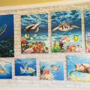 a brick wall with paintings on it