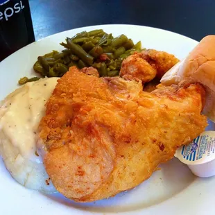 Crispy, tender golden fried chicken: Two piece dinner...Breast and wing, with mashed potatoes &amp; gravy, greenbeans, and roll