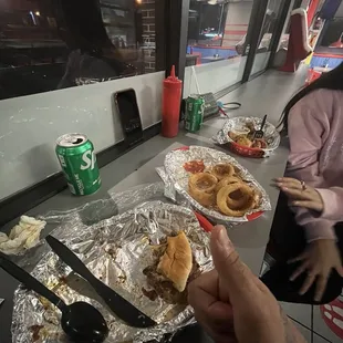 Chili Burger, 6 Piece Chicken Tenders, Onion Rings