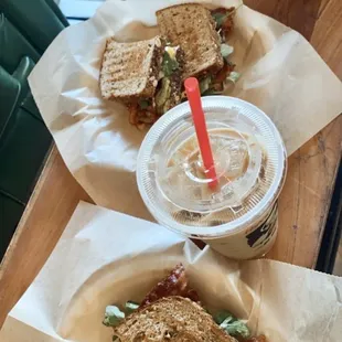 Java Sandwiches with iced lavender oat milk latte and caramel latte