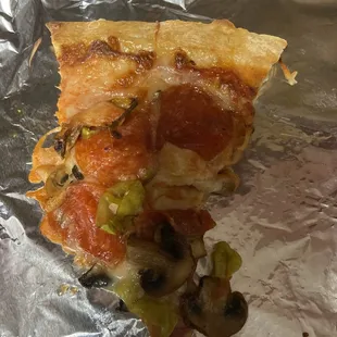 Pizza with pepperoni and peppercino and mushroom. Goodness thw crust and sauce were amazeballs!  And the Best french fries in town!