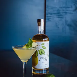 a martini and a bottle of liquor